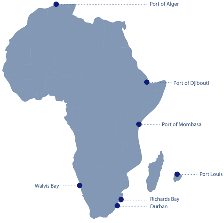 Africa map: Las Palmas, Richards Bay and Durban