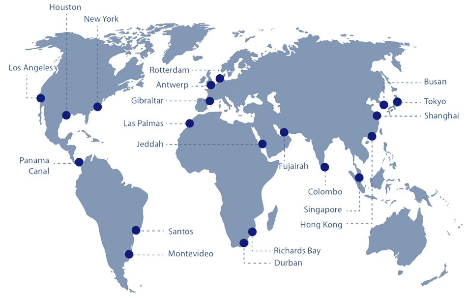 World map showing all regional ports