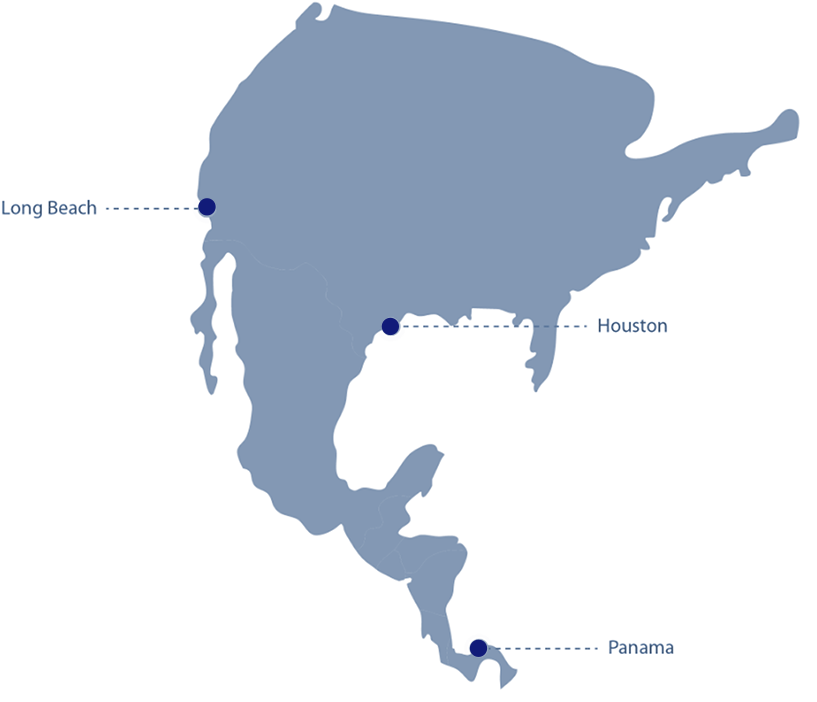 America map: Los Angeles, Houston, New York, Panama Canal, Santos and Montevideo