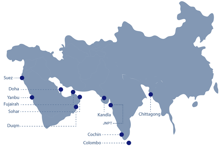 Middle East and India map: Jeddah, Fujairah and Colombo