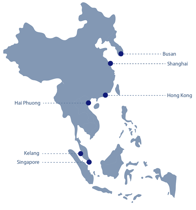Asia map: Singapore, Hong Kong, Shanghai, Busan and Tokyo